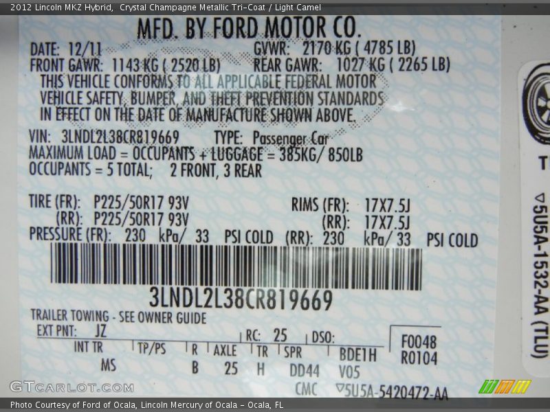 2012 MKZ Hybrid Crystal Champagne Metallic Tri-Coat Color Code JZ