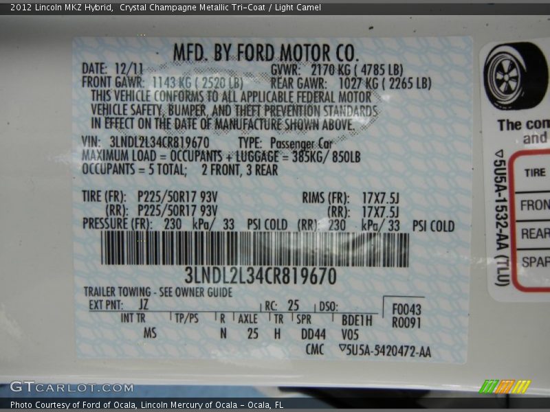 2012 MKZ Hybrid Crystal Champagne Metallic Tri-Coat Color Code JZ
