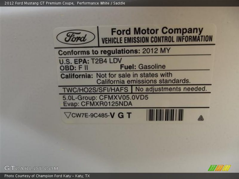 Performance White / Saddle 2012 Ford Mustang GT Premium Coupe