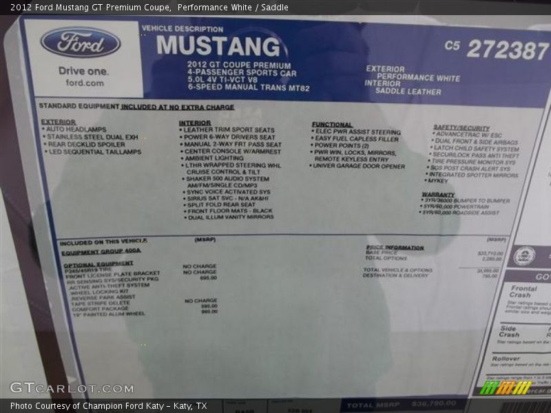  2012 Mustang GT Premium Coupe Window Sticker
