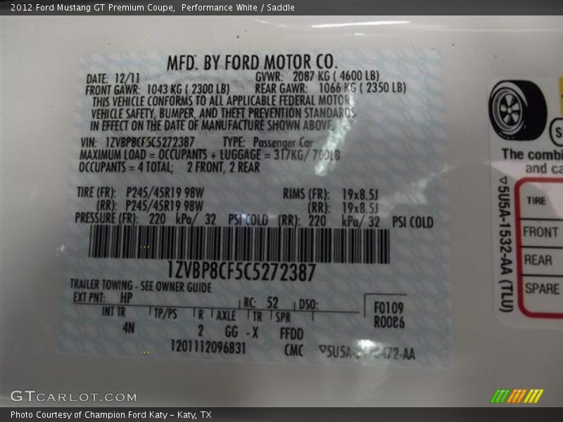 2012 Mustang GT Premium Coupe Performance White Color Code HP