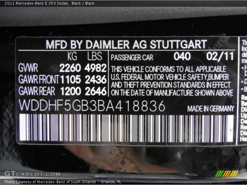 2011 E 350 Sedan Black Color Code 040