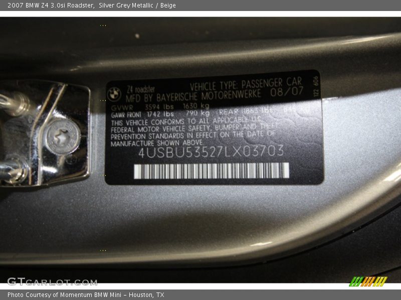 Silver Grey Metallic / Beige 2007 BMW Z4 3.0si Roadster