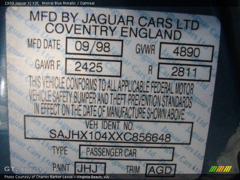 1999 XJ XJ8 Mistral Blue Metallic Color Code JHJ