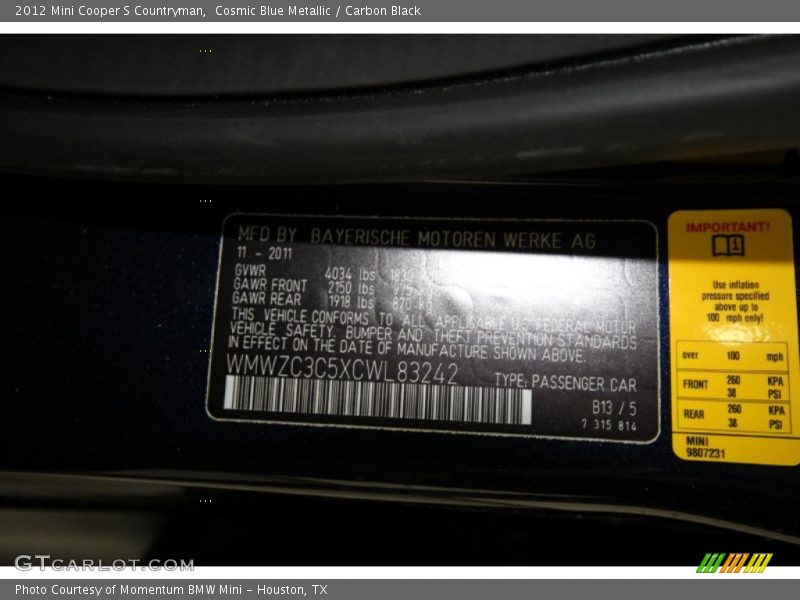 Cosmic Blue Metallic / Carbon Black 2012 Mini Cooper S Countryman