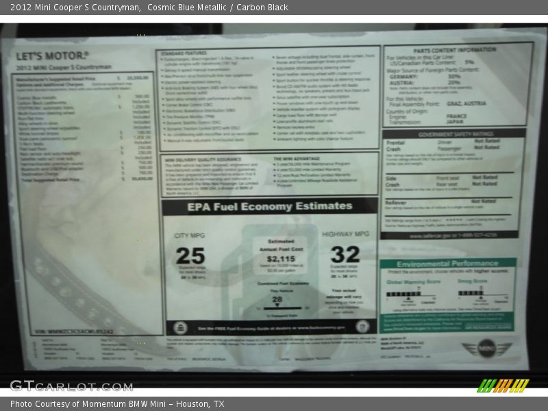 Cosmic Blue Metallic / Carbon Black 2012 Mini Cooper S Countryman