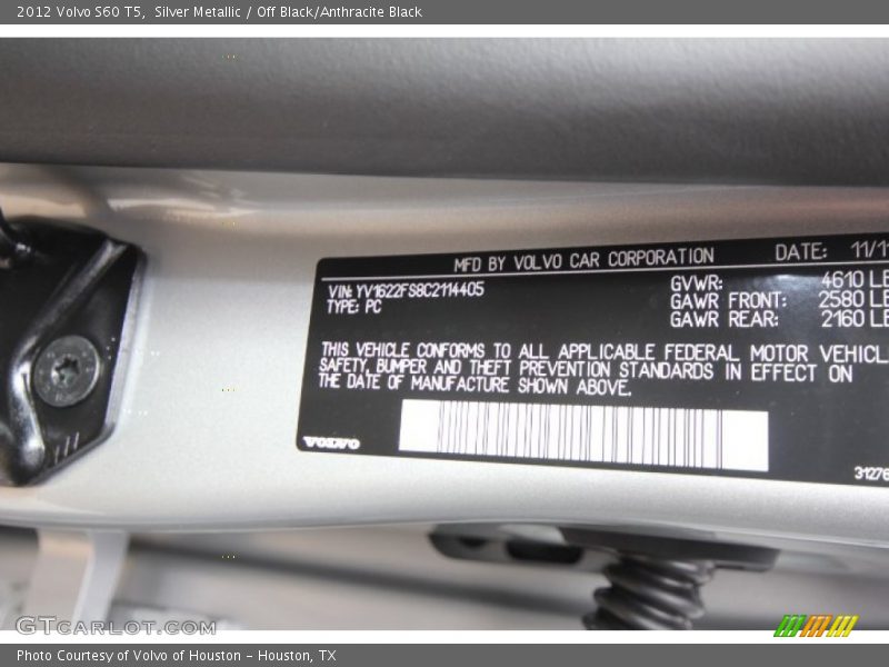 Silver Metallic / Off Black/Anthracite Black 2012 Volvo S60 T5
