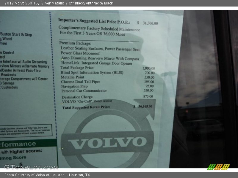 Silver Metallic / Off Black/Anthracite Black 2012 Volvo S60 T5