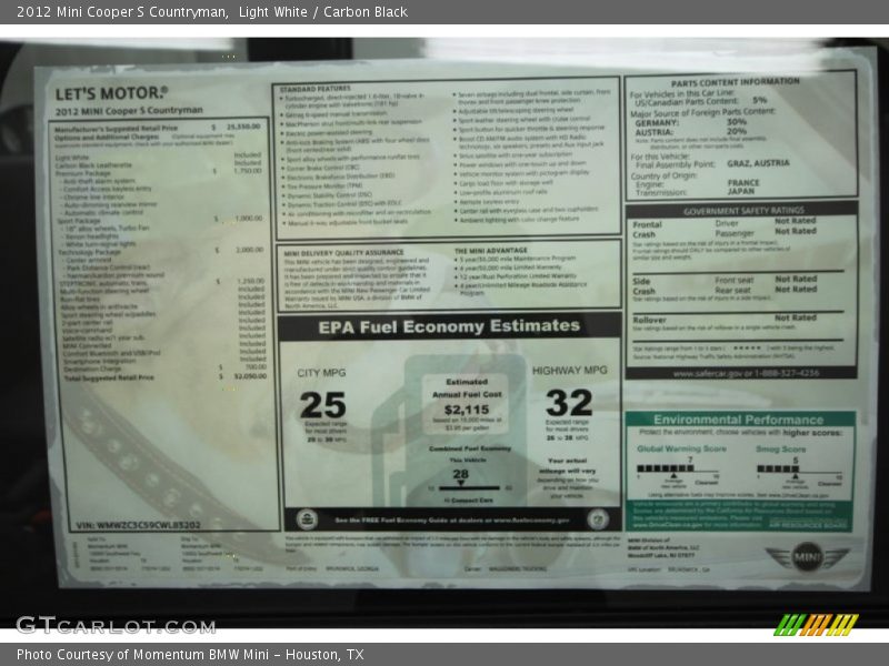  2012 Cooper S Countryman Window Sticker