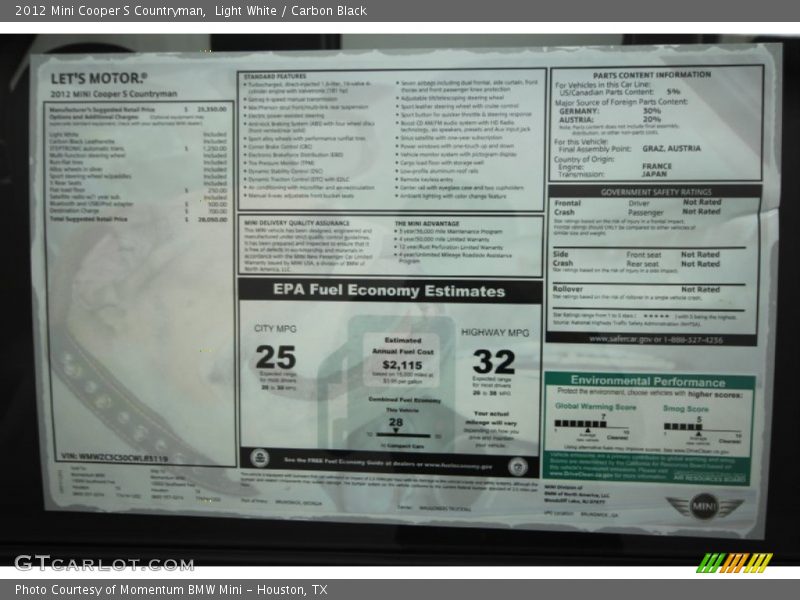  2012 Cooper S Countryman Window Sticker