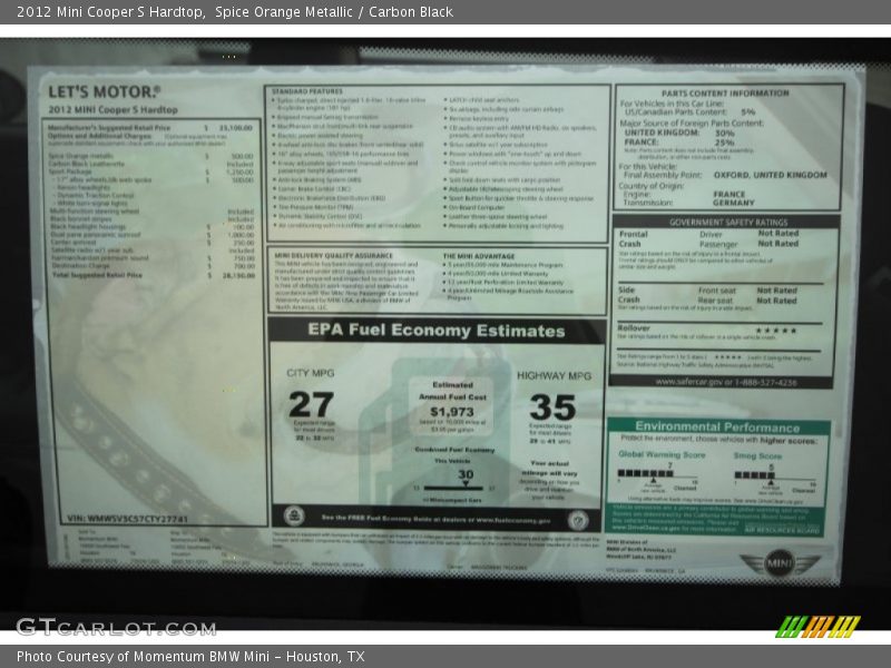  2012 Cooper S Hardtop Window Sticker