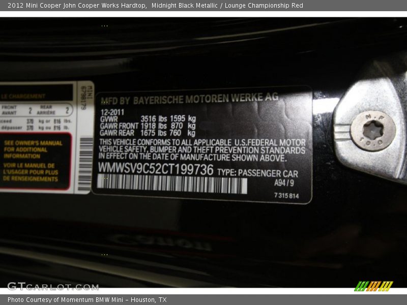 Midnight Black Metallic / Lounge Championship Red 2012 Mini Cooper John Cooper Works Hardtop