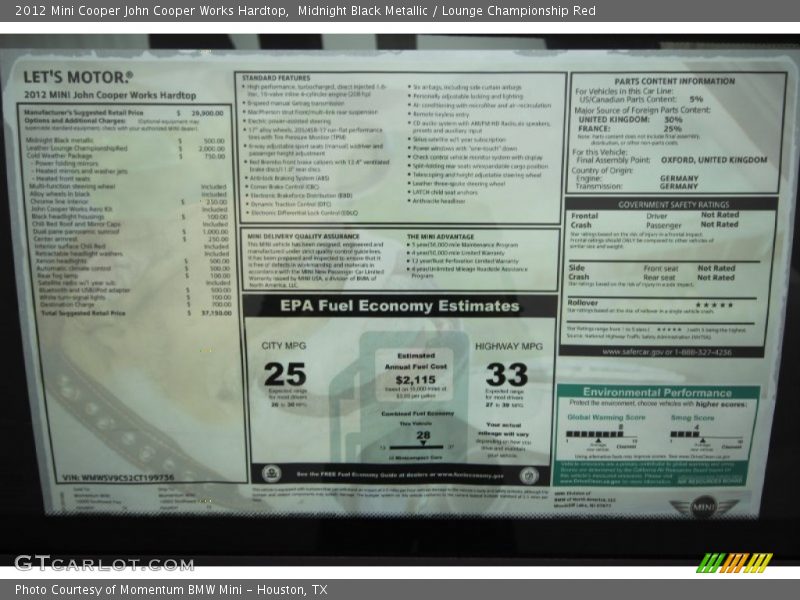  2012 Cooper John Cooper Works Hardtop Window Sticker