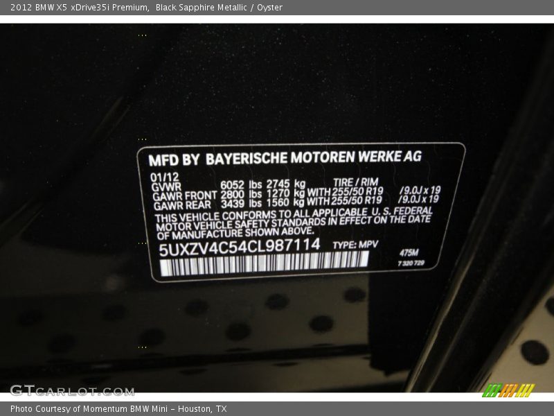 Black Sapphire Metallic / Oyster 2012 BMW X5 xDrive35i Premium