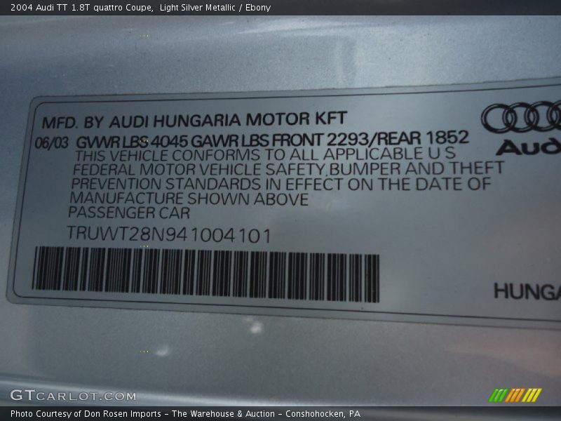 Light Silver Metallic / Ebony 2004 Audi TT 1.8T quattro Coupe