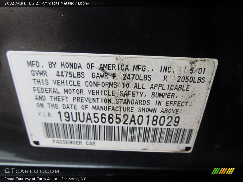 Anthracite Metallic / Ebony 2002 Acura TL 3.2