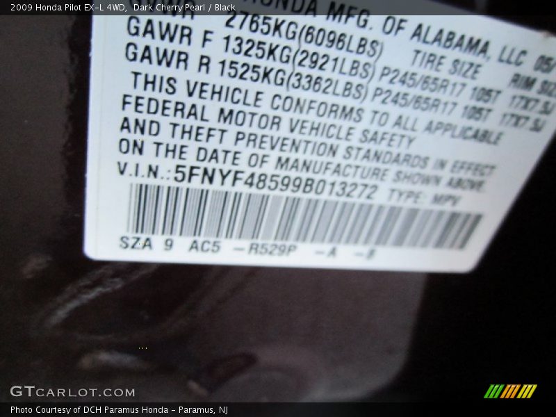 Dark Cherry Pearl / Black 2009 Honda Pilot EX-L 4WD