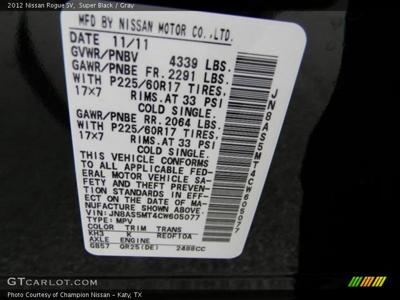Super Black / Gray 2012 Nissan Rogue SV