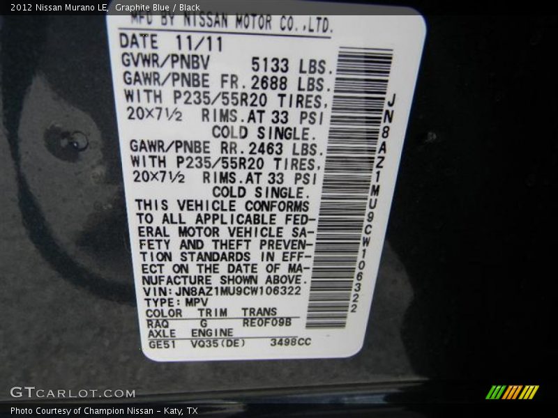 Graphite Blue / Black 2012 Nissan Murano LE