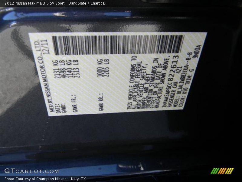 Dark Slate / Charcoal 2012 Nissan Maxima 3.5 SV Sport