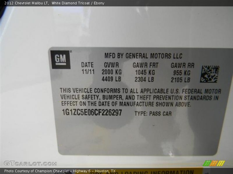 White Diamond Tricoat / Ebony 2012 Chevrolet Malibu LT
