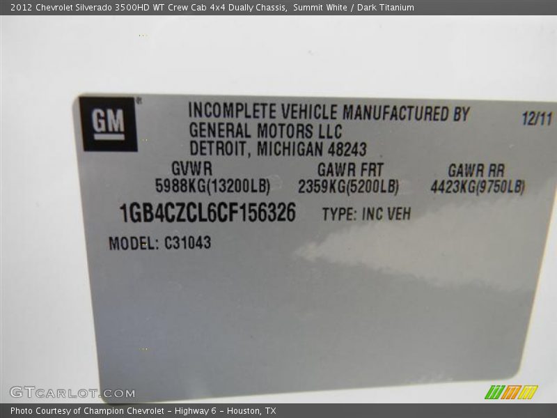 Summit White / Dark Titanium 2012 Chevrolet Silverado 3500HD WT Crew Cab 4x4 Dually Chassis