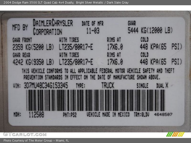 Bright Silver Metallic / Dark Slate Gray 2004 Dodge Ram 3500 SLT Quad Cab 4x4 Dually