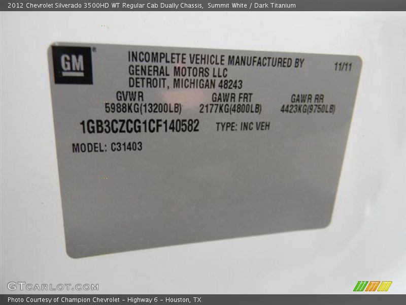 Summit White / Dark Titanium 2012 Chevrolet Silverado 3500HD WT Regular Cab Dually Chassis
