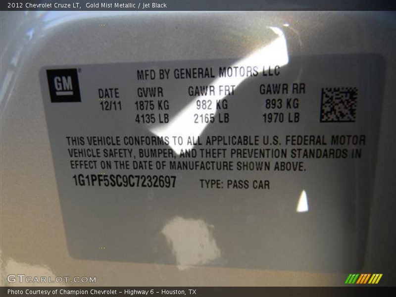 Gold Mist Metallic / Jet Black 2012 Chevrolet Cruze LT