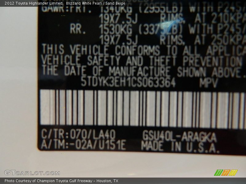 Blizzard White Pearl / Sand Beige 2012 Toyota Highlander Limited
