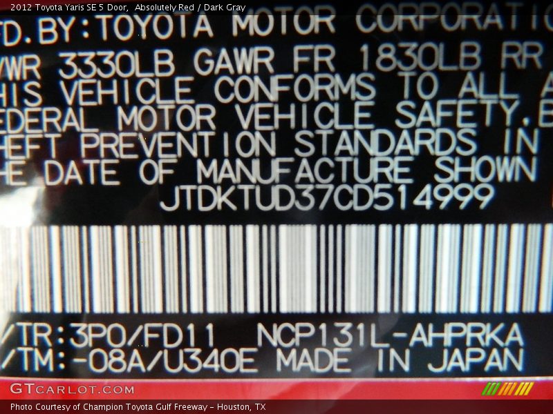 2012 Yaris SE 5 Door Absolutely Red Color Code 3P0