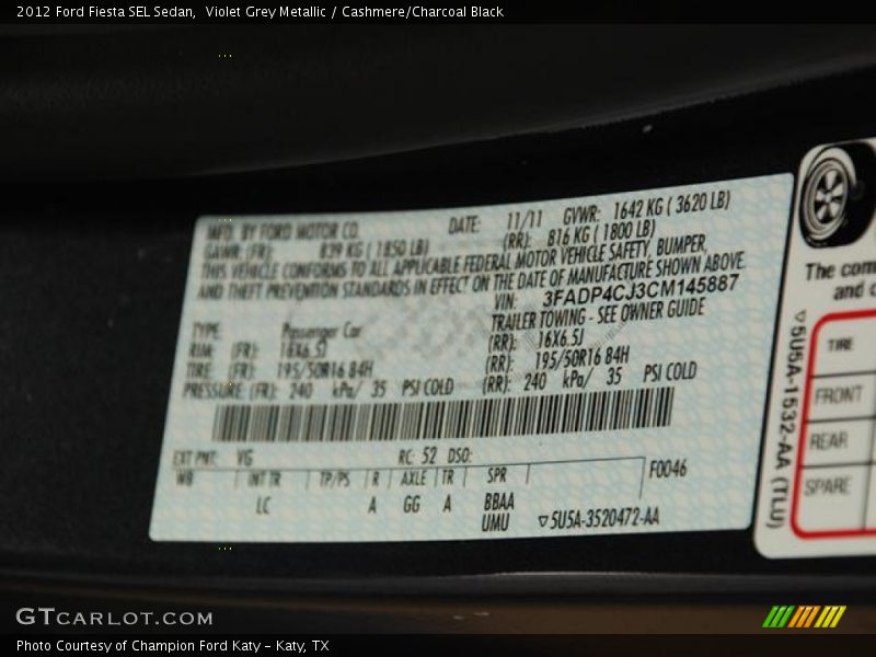 Violet Grey Metallic / Cashmere/Charcoal Black 2012 Ford Fiesta SEL Sedan