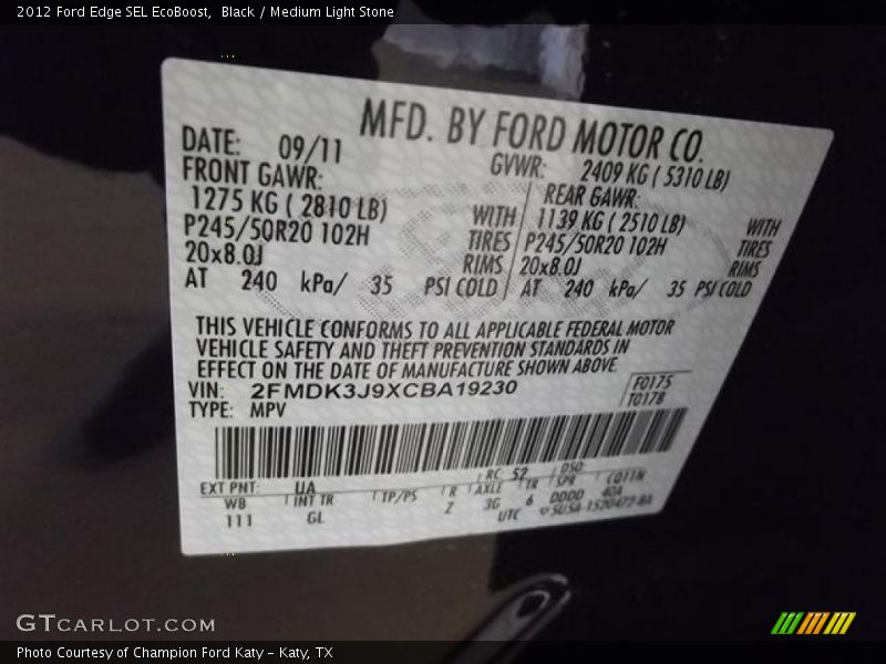 Black / Medium Light Stone 2012 Ford Edge SEL EcoBoost