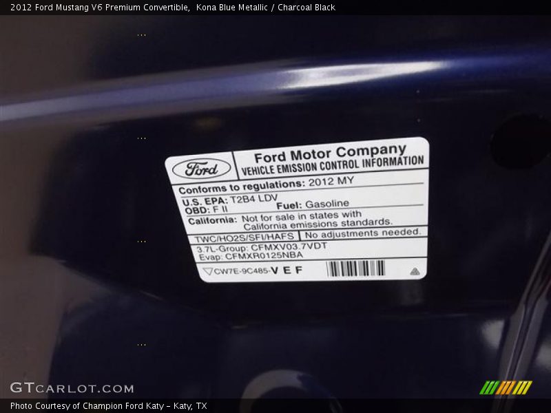 Info Tag of 2012 Mustang V6 Premium Convertible