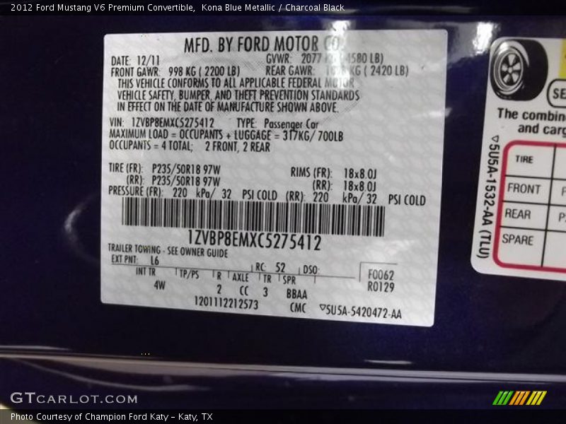 L6 - 2012 Ford Mustang V6 Premium Convertible