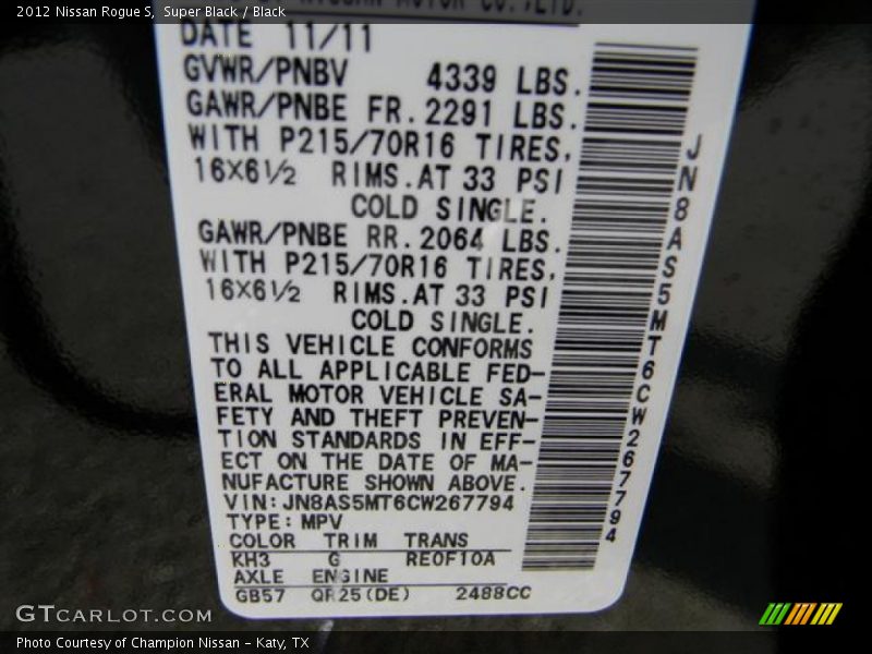 Super Black / Black 2012 Nissan Rogue S