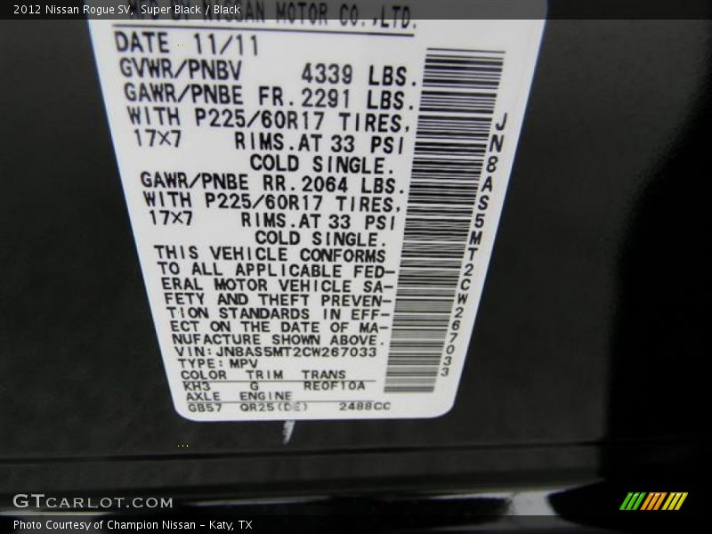 Super Black / Black 2012 Nissan Rogue SV
