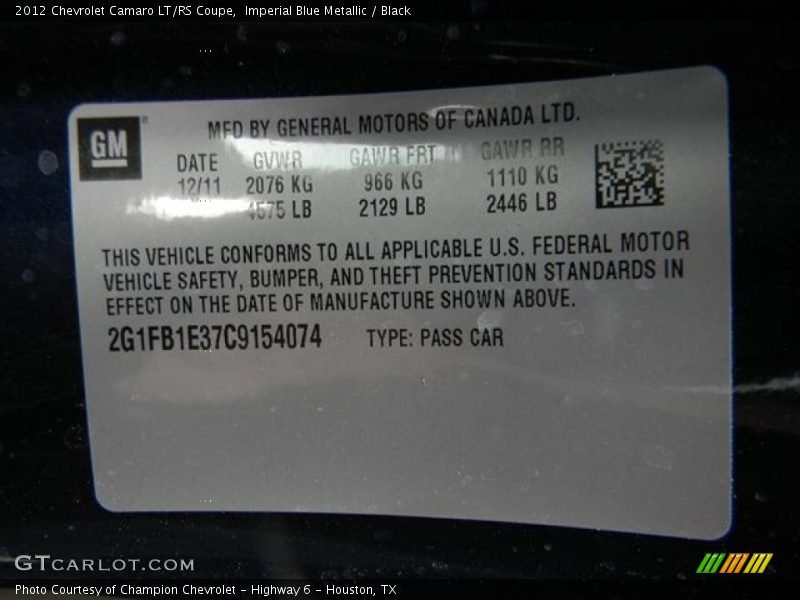 Imperial Blue Metallic / Black 2012 Chevrolet Camaro LT/RS Coupe