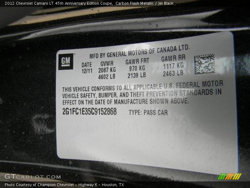 Carbon Flash Metallic / Jet Black 2012 Chevrolet Camaro LT 45th Anniversary Edition Coupe