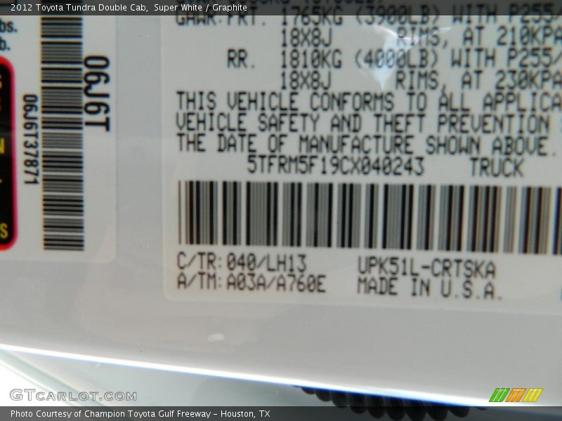 Super White / Graphite 2012 Toyota Tundra Double Cab
