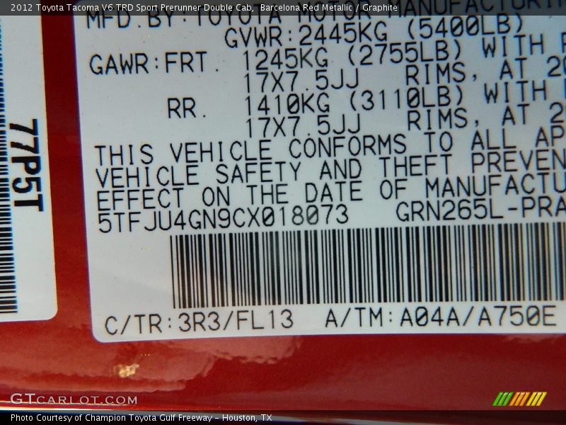 Barcelona Red Metallic / Graphite 2012 Toyota Tacoma V6 TRD Sport Prerunner Double Cab