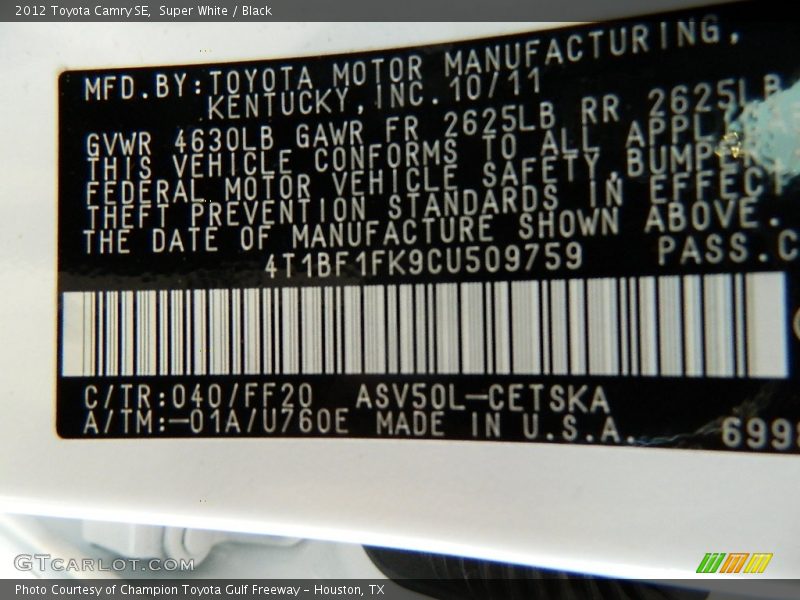 2012 Camry SE Super White Color Code 040
