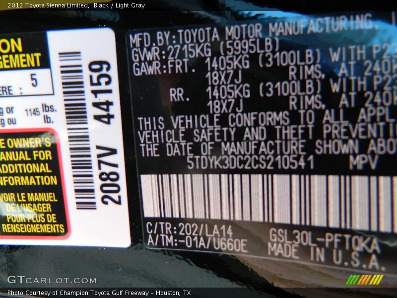 Black / Light Gray 2012 Toyota Sienna Limited