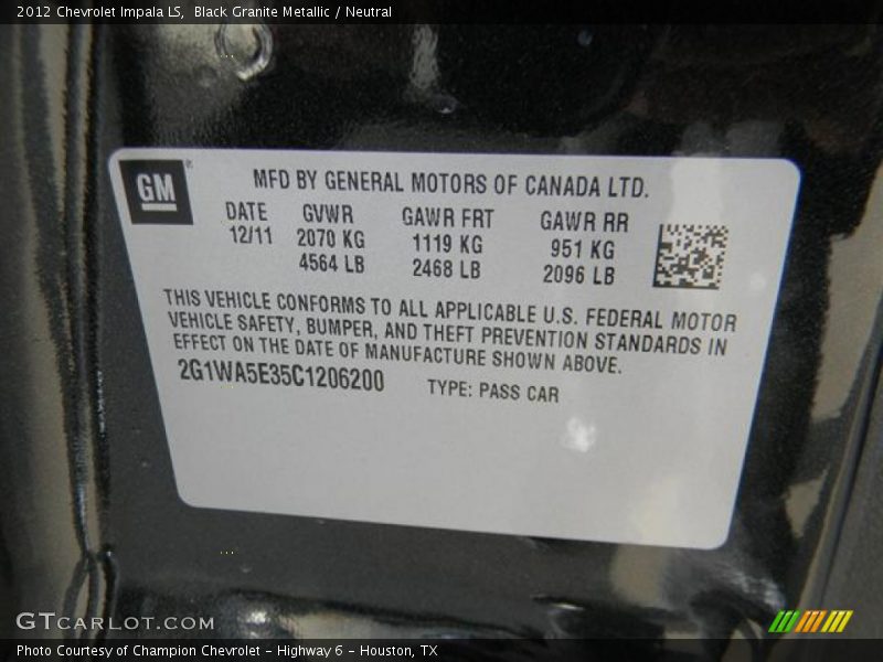 Black Granite Metallic / Neutral 2012 Chevrolet Impala LS