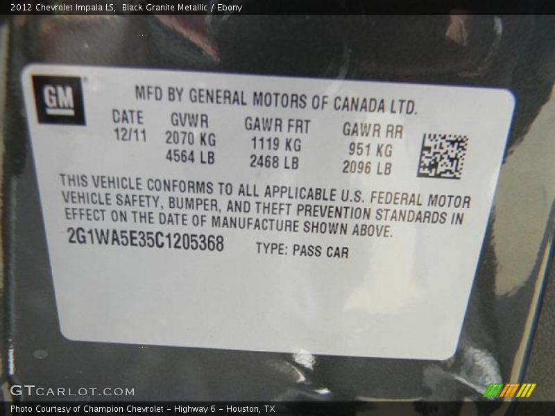 Black Granite Metallic / Ebony 2012 Chevrolet Impala LS