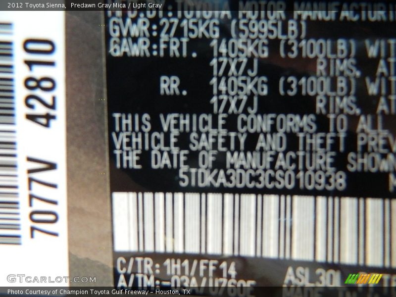 Predawn Gray Mica / Light Gray 2012 Toyota Sienna