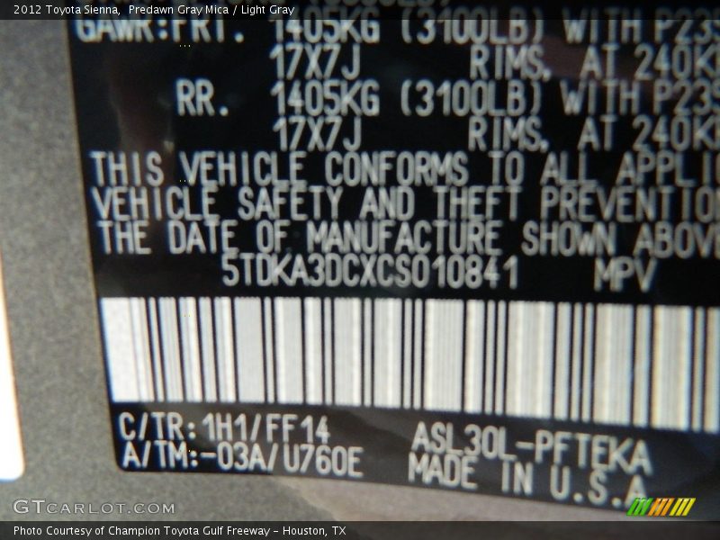 2012 Sienna  Predawn Gray Mica Color Code 1H1