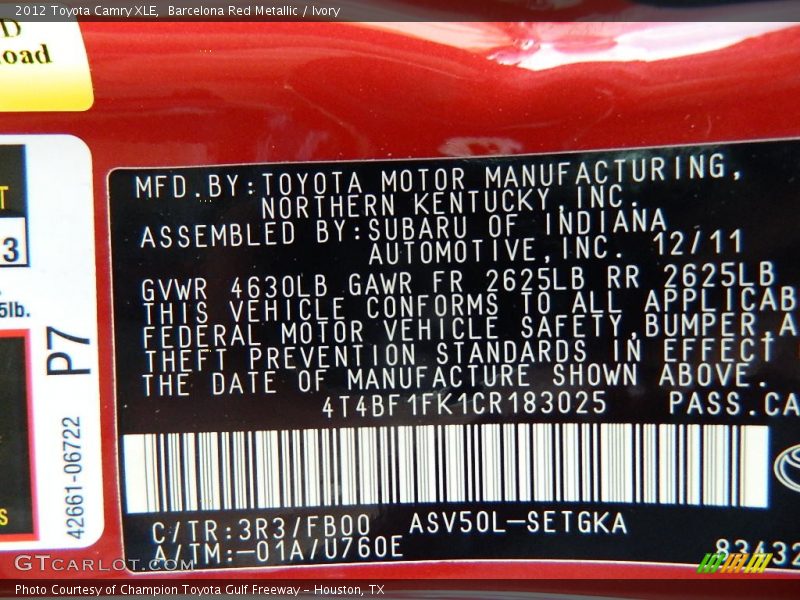 Barcelona Red Metallic / Ivory 2012 Toyota Camry XLE