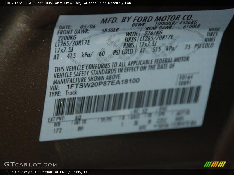 2007 F250 Super Duty Lariat Crew Cab Arizona Beige Metallic Color Code AQ