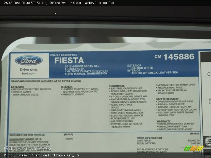  2012 Fiesta SEL Sedan Window Sticker